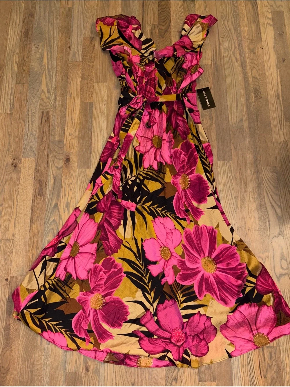 Kelly Grace Floral V-Neck Ruffle Flutter Sleeve Wrap Midi Dress 16W NWT